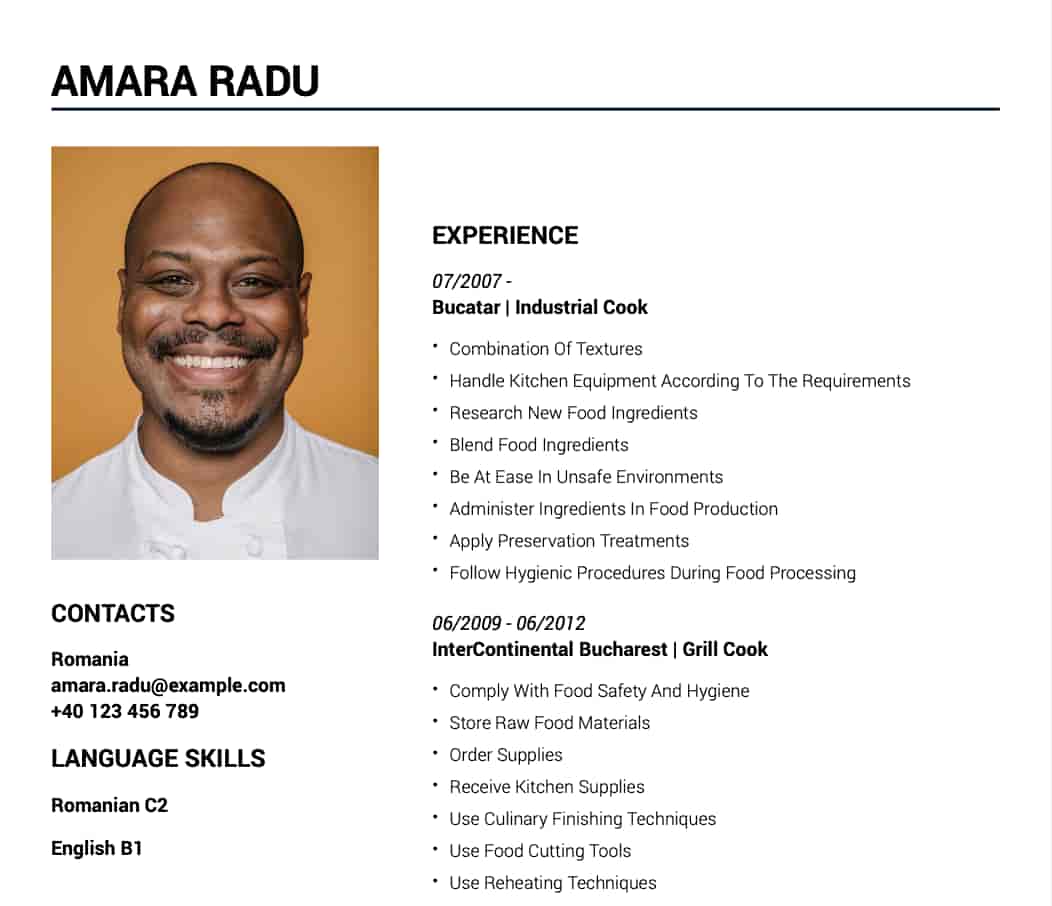 resume template for chef cook crafted with CVforU.EU CV Builder